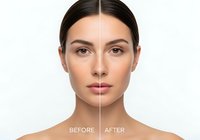 Before and after comparison showing skin transformation with visible improvement in texture, tone, and clarity against white background for skincare advertising.