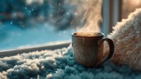 Steaming hot coffee mug on cozy blanket by snowy window with warm sunlight creating peaceful winter morning atmosphere for relaxation and comfort concepts.