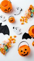 Halloween candy and decorations flat lay with pumpkin buckets, ghost figures, bat cutouts and colorful sweets scattered on white background for party planning.