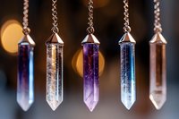 Five crystal pendant necklaces with pointed gemstone charms in purple, blue and clear colors hanging on chains against warm bokeh background for jewelry design.