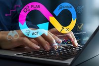 Business professional typing on laptop with colorful PDCA cycle overlay showing plan do check act methodology for continuous improvement and quality management.