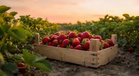 Fresh ripe strawberries in wooden crate at sunset farm field. Organic berry harvest agriculture concept for healthy eating and local produce marketing.