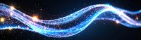 Glowing magical wave with sparkling blue and purple light particles flowing on dark background creating luminous ethereal effect for festive design.