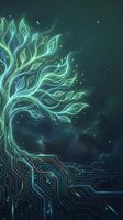 Glowing digital tree with circuit board roots merging technology and nature in cosmic space background for futuristic design concepts.