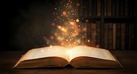 Open book with magical golden light and sparkles rising from pages in library setting with bookshelves background for education and fantasy concepts.
