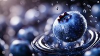 Fresh blueberry with water droplets and ripples on dark background with bokeh lights for healthy eating and nutrition concepts.