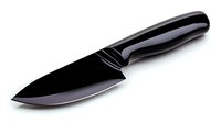 Black ceramic chef knife with ergonomic handle isolated on white background, professional kitchen cutlery for cooking and food preparation.