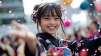 Young Asian woman in traditional black floral kimono smiling joyfully at festival celebration with colorful bokeh lights and crowd background.