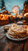 Stack of golden crepes with powdered sugar on wooden table at winter carnival with ferris wheel bokeh lights and falling snow creating festive atmosphere.