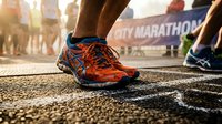 Close-up of runner's orange athletic shoes on asphalt during marathon race with participants and finish line banner in blurred background at sunrise.