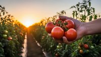 Fresh ripe tomatoes in farmer hands at sunset in organic garden with golden light creating warm agricultural harvest scene for healthy food concepts.