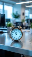 Vintage brass alarm clock showing five minutes to twelve on modern office desk with blurred corporate workspace background for time management concepts.