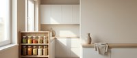 Wooden shelf with glass jars containing dried goods, spices and pantry items displayed in a bright, minimalist kitchen with natural sunlight and neutral beige walls.