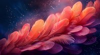 Luminous coral feathers with water drops against dark starry background, glowing with magical orange and pink hues in cosmic atmosphere. Suitable for fantasy designs.