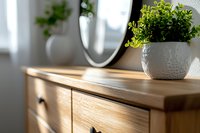 Modern wooden dresser with small green plant in textured white pot, round mirror, and soft natural lighting for home decor styling.