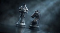 Chess pieces king and knight in dramatic lighting with smoke effects for strategic business concepts and competitive gameplay backgrounds.