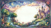 Magical fairy tale landscape frame with enchanted castle, mystical forest, crescent moon and stars creating whimsical border for text or design elements.