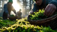 Hands gathering fresh wild herbs and greens in wicker basket during foraging in sunlit forest. Sustainable food collection at sunrise with moss in background.