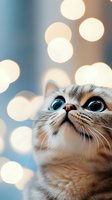 Close-up portrait of curious cat with bright blue eyes looking up against blurred bokeh lights background, creating magical holiday atmosphere.