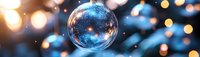 Transparent glass sphere reflecting winter scenery with golden bokeh lights and snow in dark blue background, creating magical festive atmosphere.