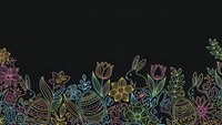 Colorful line art Easter eggs and spring flowers border on black background for greeting cards and seasonal designs.