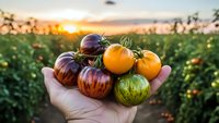 Hand holding colorful heirloom tomatoes at sunset in organic farm field. Fresh harvest vegetables for healthy cooking and farm-to-table cuisine.