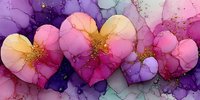 Watercolor hearts in pink purple gold tones with ink splashes and glitter accents for romantic designs and Valentine decorations.