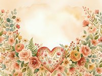 Watercolor floral frame with heart and roses in soft peach tones, copy space for text, perfect for Valentine cards and wedding designs.