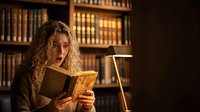 Young blonde woman reading book in cozy library with warm lighting and wooden bookshelves creating atmospheric study environment for education and learning.