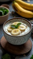 Creamy yogurt bowl with sliced bananas, mint garnish and sprinkled seeds in ceramic speckled bowl on wooden coaster, fresh fruit in background.