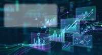 Digital financial data visualization with glowing charts, graphs and analytics displays showing market trends and business growth statistics.