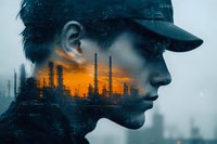 Double exposure portrait combining young Asian male profile in cap with industrial refinery silhouette against dramatic orange sunset sky, creating moody atmospheric scene.