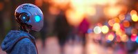 Futuristic robot with glowing blue eyes observes city lights at dusk, profile view against blurred bokeh background of urban nightlife creates atmospheric sci-fi scene.