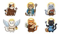 Cartoon cats dressed as monks and nuns with halos, isolated on white background. Suitable for religious clipart, children's illustrations, greeting cards, and apparel design.