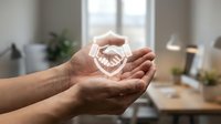 Person holding glowing handshake icon in palm, symbolizing business partnership, trust and agreement in modern office environment for corporate communications.