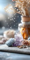 Magical still life with amethyst and celestine crystals on fabric, dried flowers in glass jar, glowing particles and soft bokeh for spiritual wellness design.