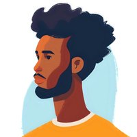 Side profile portrait of young African American man with textured hair and beard wearing yellow t-shirt against light blue background, artistic illustration style.