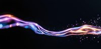 Luminous flowing energy wave with vibrant purple, blue, and orange light trails against dark background, creating magical ethereal effect with glowing particles.