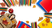 School supplies frame with colorful pencils, notebooks, backpack and autumn leaves on white background for back to school season preparation.