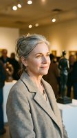 Elegant mature woman with gray hair in sophisticated coat at art gallery opening event with warm ambient lighting and blurred crowd background.