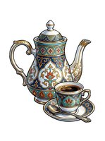 Ornate teapot with matching teacup and saucer featuring intricate gold, teal, and cream decorative patterns, isolated on white background for design use.
