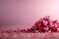 Small pink heart-shaped decorative elements arranged in pile on pink textured background with soft focus and bokeh effect, romantic Valentine's day composition.