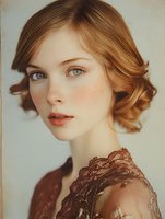 Young Caucasian woman with strawberry blonde hair in vintage style updo, wearing brown lace dress, natural makeup with coral lips against light background. Portrait shows soft lighting.