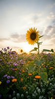 Single sunflower stands tall among colorful wildflowers in golden sunset light creating peaceful summer garden scene with warm atmospheric glow.