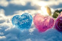 Pink and blue crystal hearts with love inscription lying in snow next to rose, backlit by soft sunlight creating romantic winter atmosphere.