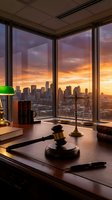 Law office desk with gavel and scales overlooking city skyline at sunset. Professional legal workspace with justice symbols for attorney services and consultation.
