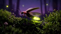 Glowing firefly with luminescent abdomen resting on green moss in enchanted forest setting with magical bokeh lights creating mystical nighttime atmosphere.
