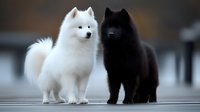 White and black Samoyed dogs standing together on blurred background, contrasting colors create dramatic composition for pet photography and animal portraits.
