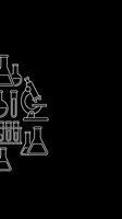 White line art laboratory equipment icons on black background including microscope, test tubes, beakers and flasks for scientific research designs.