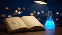 Open vintage book with handwritten notes beside glowing blue chemical flask under desk lamp creating atmospheric study scene for scientific research.